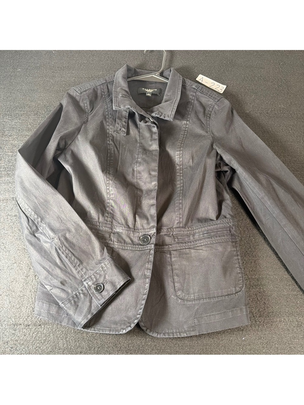 Talbots Women 4P Petite Black Cotton Stretch Utility Blazer Jacket Tailored Fit
